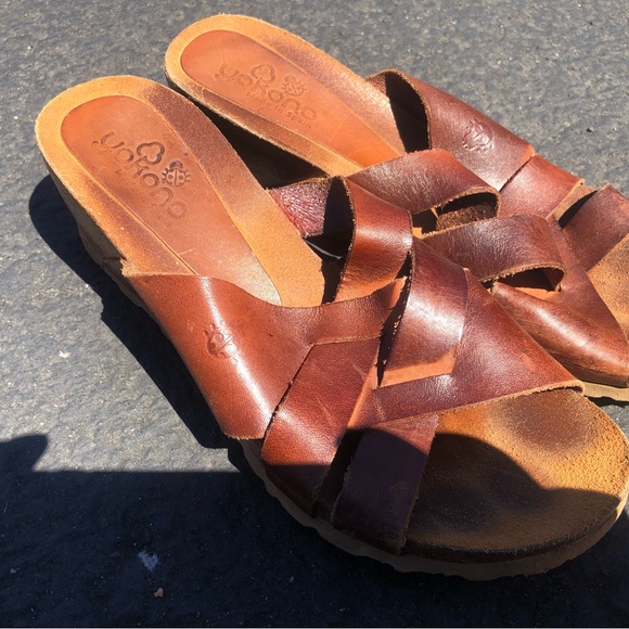 Yokono Women's  Brown Leather Cork Wedge Slip On  Crisscross Sandals Size 39/8.5 - Picture 14 of 14